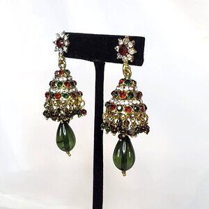 Indian Bollywood Gold-Tone Jhumka Earrings Multicolor Rhinestones & Green Beads
